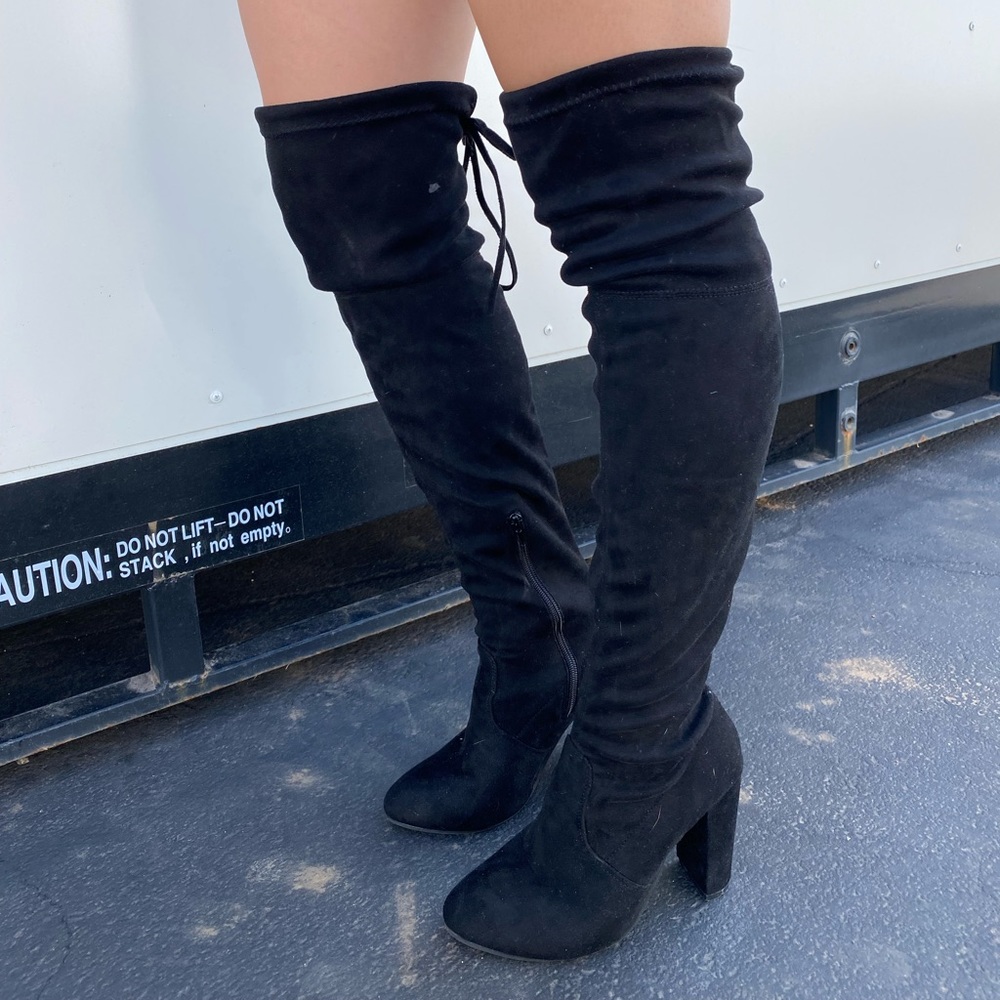 Black PLT heeled knee high boots